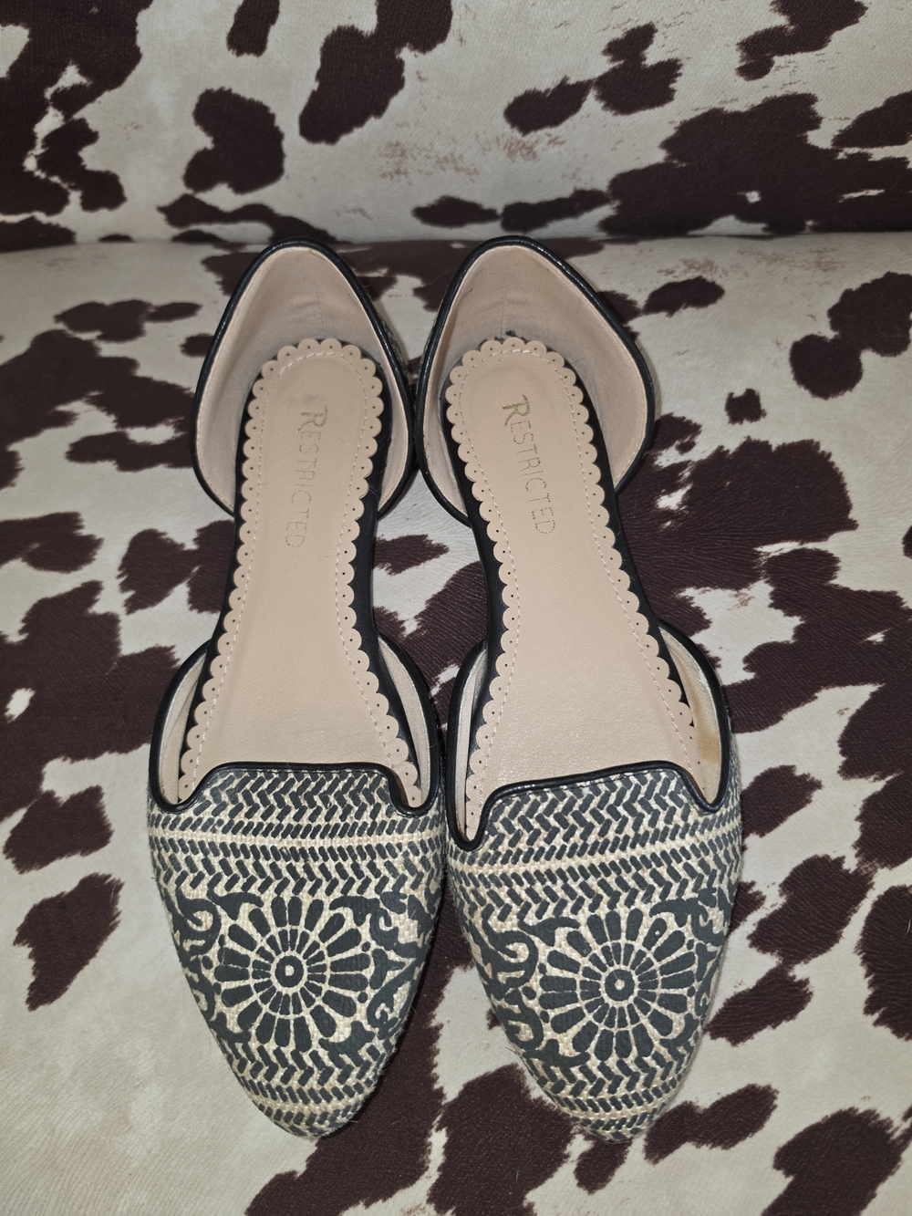 Restricted Black and Cream Floral Pattern D'Orsay Flats